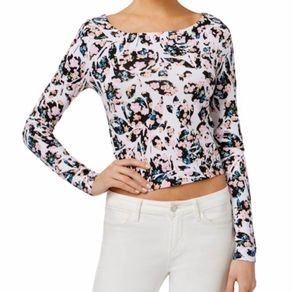 Guess Pink Floral Long Sleeve Crop Top with Tie Bow boat neck long sleeve shirt